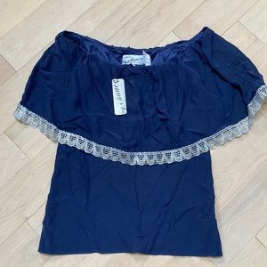 By chance navy silver lace trim off shoulder top